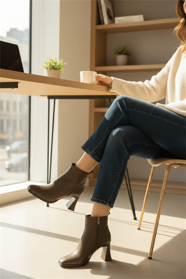 Barelle Taba Önü Dikişli (8 cm Topuklu ) Küt Burun Topuklu Bot