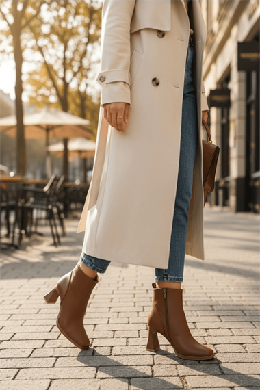 Barelle Taba Önü Dikişli (8 cm Topuklu ) Küt Burun Topuklu Bot