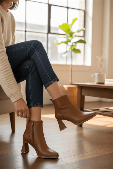 Barelle Taba Önü Dikişli (8 cm Topuklu ) Küt Burun Topuklu Bot