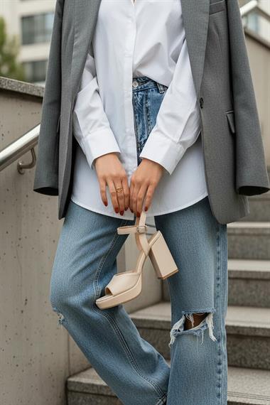 Bello Bej Cilt ( 9 Cm Topuk ) Platform Topuklu Günlük Ayakkabı