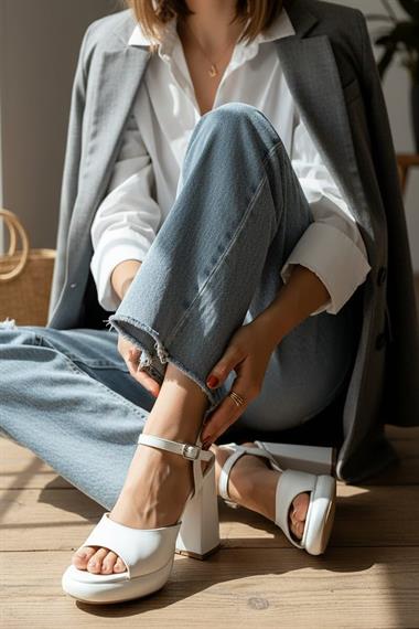 Bello Beyaz Cilt ( 9 Cm Topuk ) Platform Topuklu Günlük Ayakkabı
