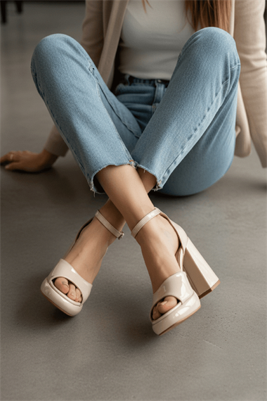 Bomme Bej Rugan ( 9 Cm Topuk ) Platform Topuklu Günlük Ayakkabı