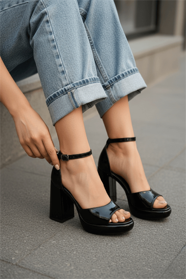 Bomme Siyah Kırışık Rugan ( 9 Cm Topuk ) Platform Topuklu Günlük Ayakkabı