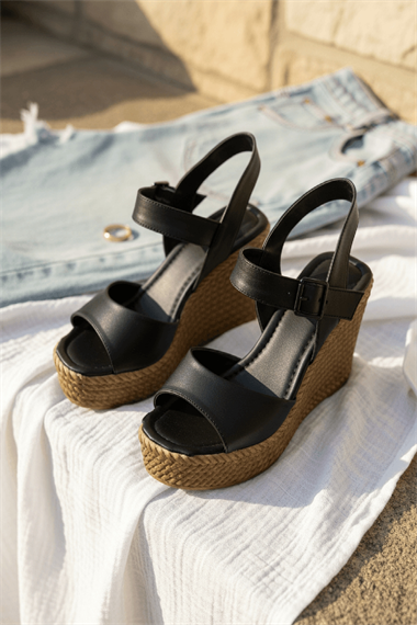 Boom Siyah Dolgu Topuklu ( 10 cm Topuk. 3 cm Platform) Günlük Kullanım Sandalet