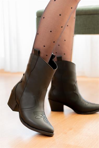 Desperado Siyah Nakışlı Deri ( 5 cm Topuk) Günlük Kullanım Kovboy Bot