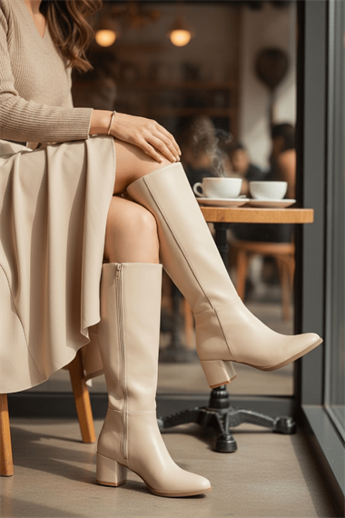 Despina Bej Deri Topuklu (5 cm Topuklu ) Yanı Fermuarlı Günlük Kullanım Çizme