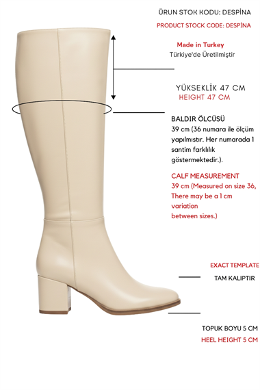 Despina Bej Deri Topuklu (5 cm Topuklu ) Yanı Fermuarlı Günlük Kullanım Çizme