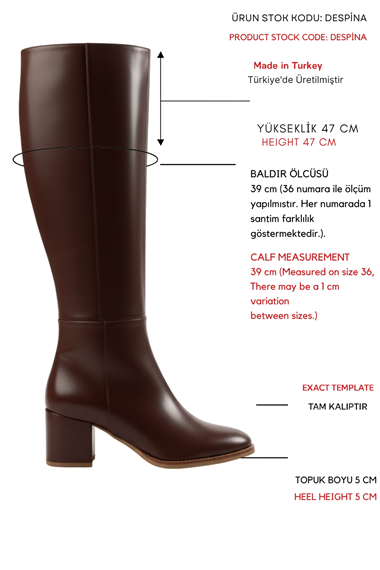 Despina Kahverengi Deri Topuklu (5 cm Topuklu ) Yanı Fermuarlı Günlük Kullanım Çizme