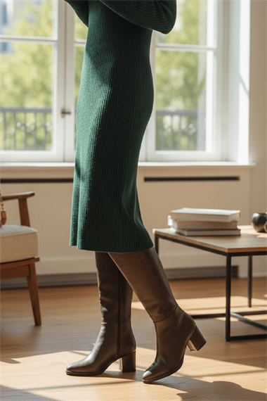 Despina Kahverengi Deri Topuklu (5 cm Topuklu ) Yanı Fermuarlı Günlük Kullanım Çizme