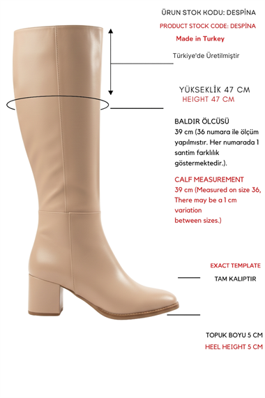 Despina Nude Deri Topuklu (5 cm Topuklu ) Yanı Fermuarlı Günlük Kullanım Çizme