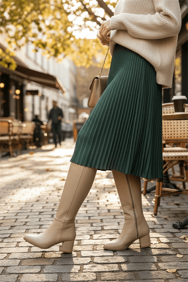 Despina Nude Deri Topuklu (5 cm Topuklu ) Yanı Fermuarlı Günlük Kullanım Çizme