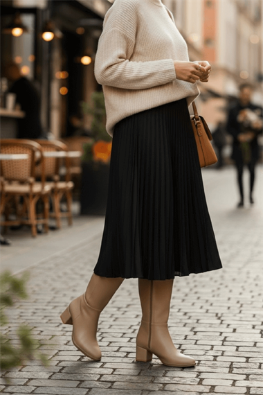 Despina Nude Deri Topuklu (5 cm Topuklu ) Yanı Fermuarlı Günlük Kullanım Çizme