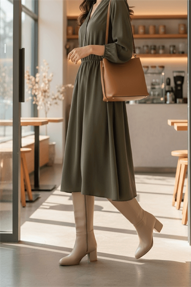 Despina Nude Deri Topuklu (5 cm Topuklu ) Yanı Fermuarlı Günlük Kullanım Çizme