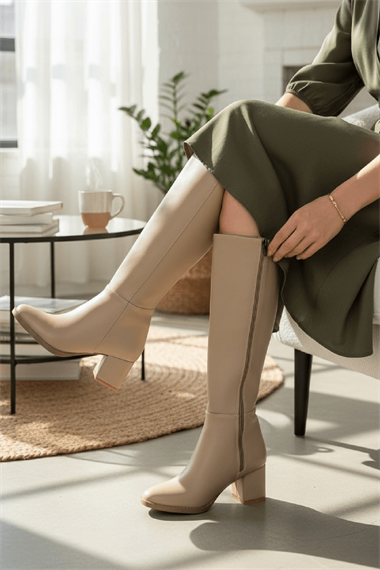 Despina Nude Deri Topuklu (5 cm Topuklu ) Yanı Fermuarlı Günlük Kullanım Çizme