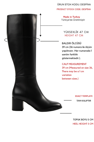 Despina Siyah Deri Topuklu (5 cm Topuklu ) Yanı Fermuarlı Günlük Kullanım Çizme