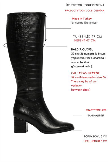 Despina Siyah Krokodil Deri Topuklu (5 cm Topuklu ) Yanı Fermuarlı Günlük Kullanım Çizme