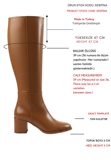 Despina Taba Deri Topuklu (5 cm Topuklu ) Yanı Fermuarlı Günlük Kullanım Çizme