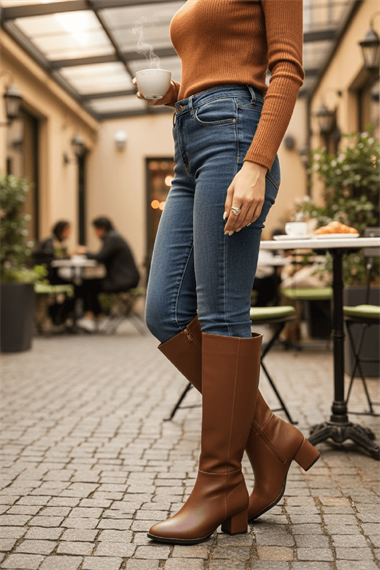 Despina Taba Deri Topuklu (5 cm Topuklu ) Yanı Fermuarlı Günlük Kullanım Çizme