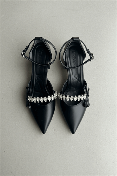 Dunka Siyah Taşlı Fiyonklu (4 cm Topuklu ) Sivri Burun Topuklu Ayakkabı