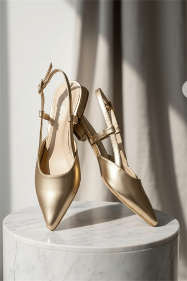 Felina Gold Kırışık ( 3 cm Topuklu ) Sivri Burun Topuklu Ayakkabı