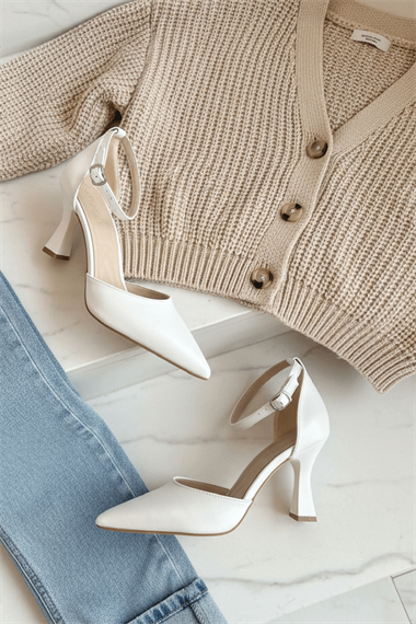 Fetuma Beyaz  (8 cm Topuklu ) Sivri Burun Topuklu Ayakkabı