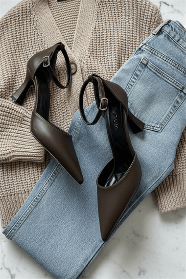 Fetuma Kahverengi (8 cm Topuklu ) Sivri Burun Topuklu Ayakkabı