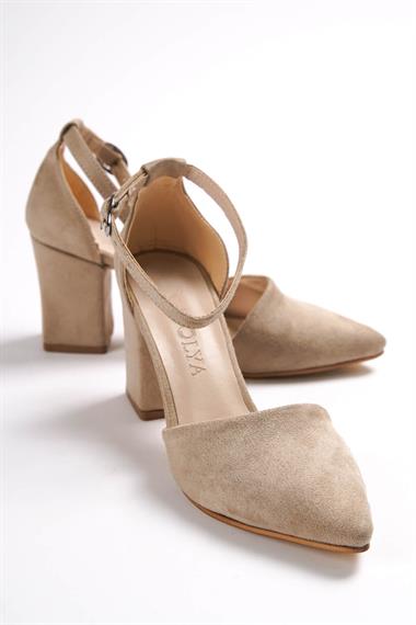 Flora Bej Süet Bilekten Bantlı Topuklu Ayakkabı