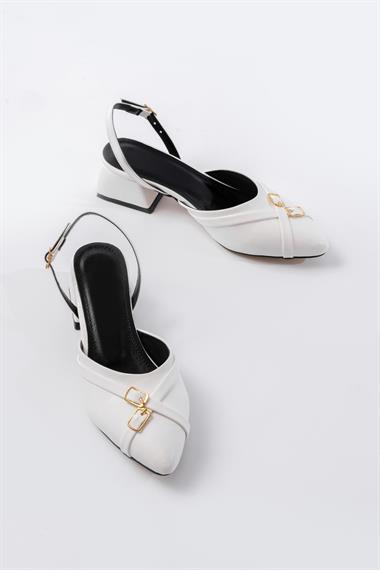 Gabriel Beyaz Çapraz Tokalı (4 cm Topuklu) Sivri Burun Babet Ayakkabı