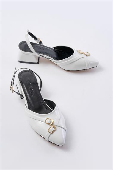 Gabriel Beyaz Rugan Çapraz Tokalı (4 cm Topuklu) Sivri Burun Babet Ayakkabı