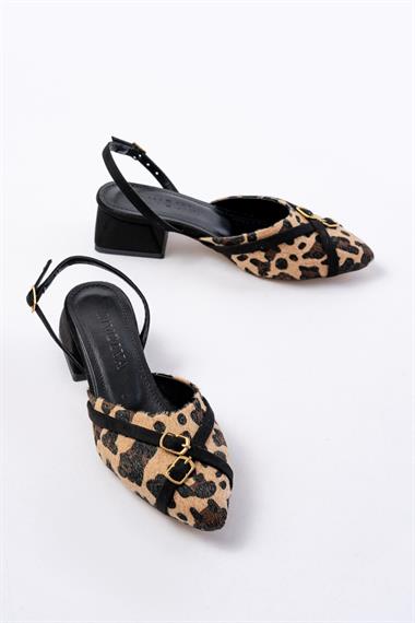 Gabriel Leopar Siyah Çapraz Tokalı (4 cm Topuklu) Sivri Burun Babet Ayakkabı