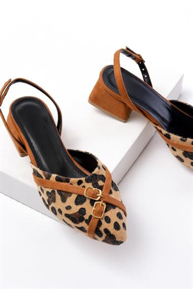 Gabriel Leopar Taba Çapraz Tokalı (4 cm Topuklu) Sivri Burun Babet Ayakkabı