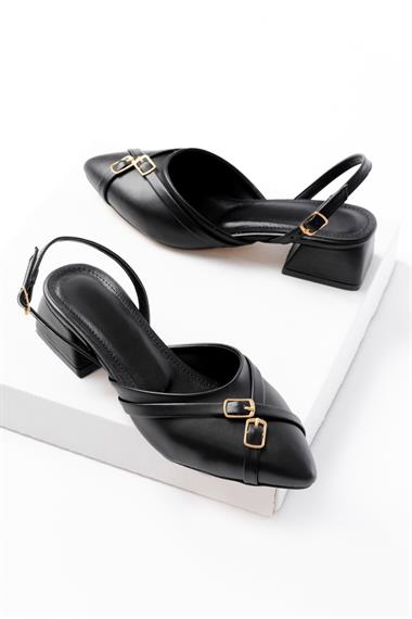 Gabriel Siyah Çapraz Tokalı (4 cm Topuklu) Sivri Burun Babet Ayakkabı