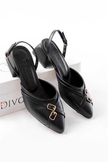 Gabriel Siyah Çapraz Tokalı (4 cm Topuklu) Sivri Burun Babet Ayakkabı