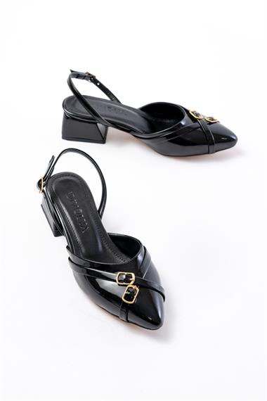 Gabriel Siyah Rugan Çapraz Tokalı (4 cm Topuklu) Sivri Burun Babet Ayakkabı