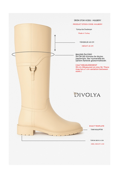 Hulbery Bej Deri ( 3,5 Cm Topuk Boyu) Yanı Tokalı Günlük Kadın Çizme