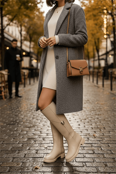 Hulbery Bej Deri ( 3,5 Cm Topuk Boyu) Yanı Tokalı Günlük Kadın Çizme