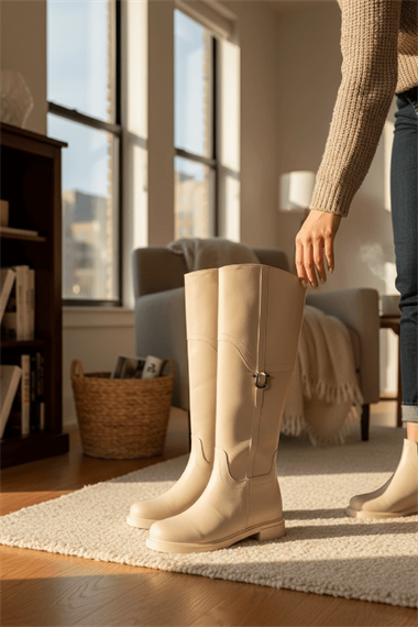 Hulbery Bej Deri ( 3,5 Cm Topuk Boyu) Yanı Tokalı Günlük Kadın Çizme