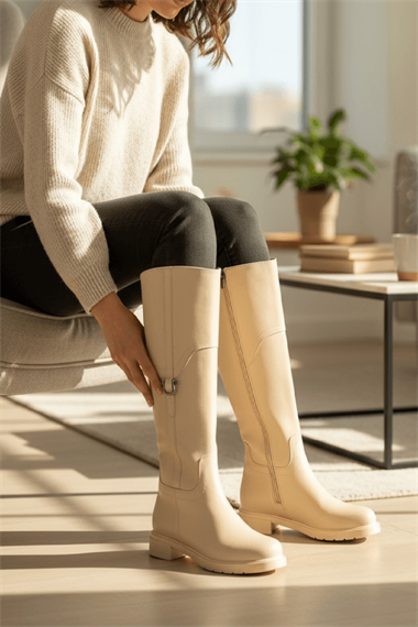 Hulbery Bej Deri ( 3,5 Cm Topuk Boyu) Yanı Tokalı Günlük Kadın Çizme