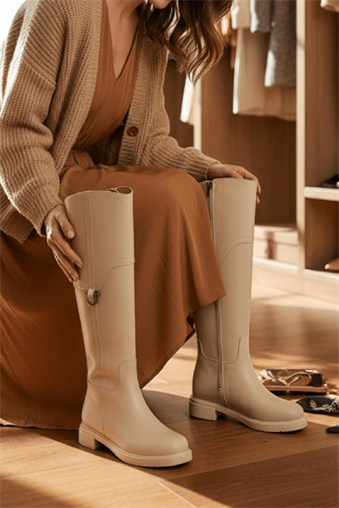 Hulbery Bej Deri ( 3,5 Cm Topuk Boyu) Yanı Tokalı Günlük Kadın Çizme