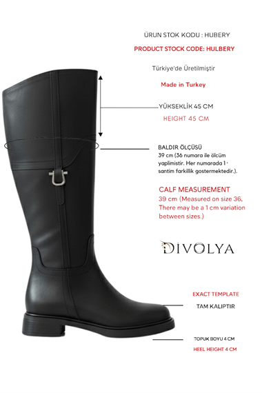 Hulbery Siyah Deri ( 3,5 Cm Topuk Boyu) Yanı Tokalı Günlük Kadın Çizme