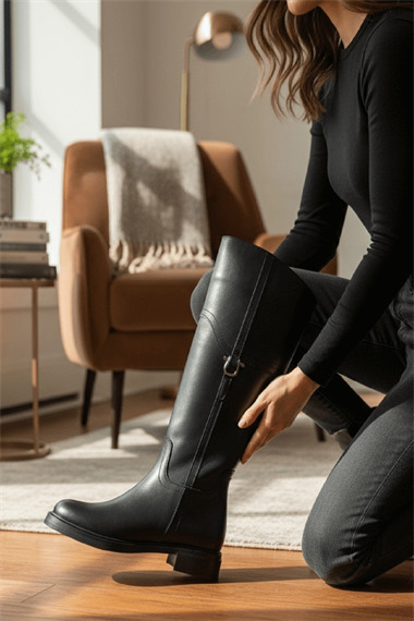 Hulbery Siyah Deri ( 3,5 Cm Topuk Boyu) Yanı Tokalı Günlük Kadın Çizme