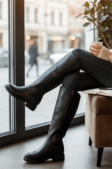 Hulbery Siyah Deri ( 3,5 Cm Topuk Boyu) Yanı Tokalı Günlük Kadın Çizme