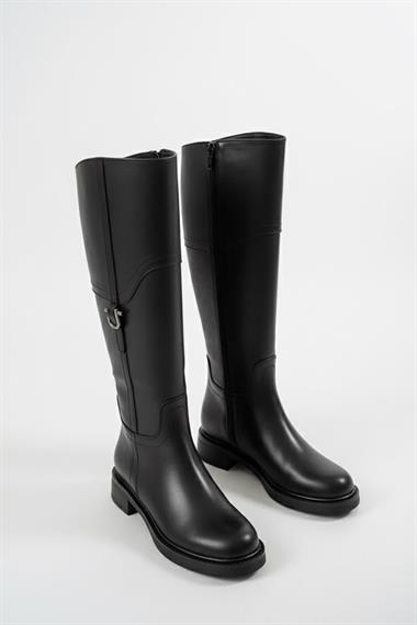 Hulbery Siyah Deri ( 3,5 Cm Topuk Boyu) Yanı Tokalı Günlük Kadın Çizme