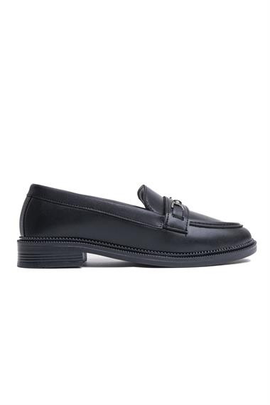 Judi Siyah Tokalı Deri İnce Taban (3cm) Loafer Kadın Ayakkabı