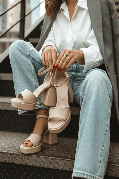 June Bej Cilt ( 9 Cm Topuk ) Platform Topuklu Günlük Ayakkabı