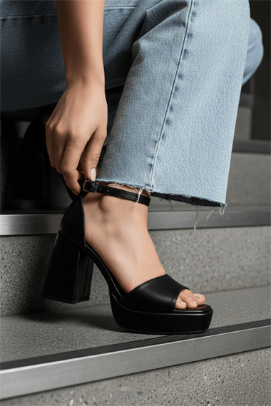 June Siyah Cilt ( 9 Cm Topuk ) Platform Topuklu Günlük Ayakkabı