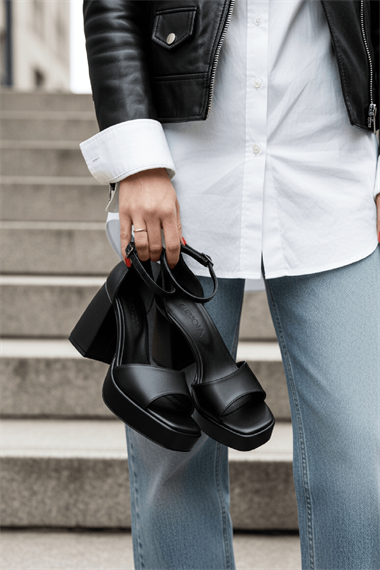 June Siyah Cilt ( 9 Cm Topuk ) Platform Topuklu Günlük Ayakkabı