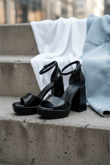 June Siyah Kırışık Rugan ( 9 Cm Topuk ) Platform Topuklu Günlük Ayakkabı
