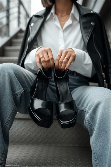 June Siyah Kırışık Rugan ( 9 Cm Topuk ) Platform Topuklu Günlük Ayakkabı