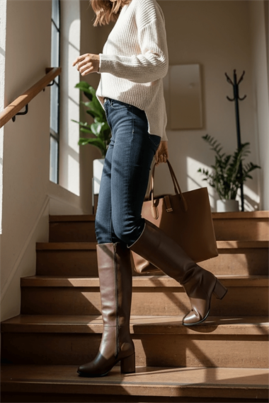 Karmen Kahverengi Deri (6cm) Topuklu Yanı Fermuarlı Günlük Kullanım Çizme